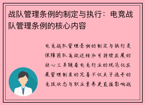 战队管理条例的制定与执行：电竞战队管理条例的核心内容